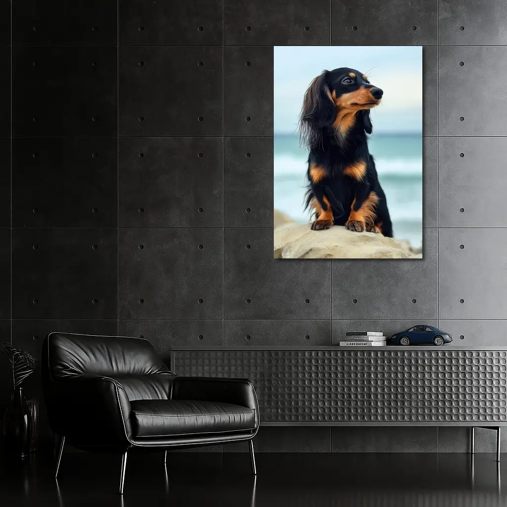 Long Haired Dachshund Sitting By Ocean – Wall Art