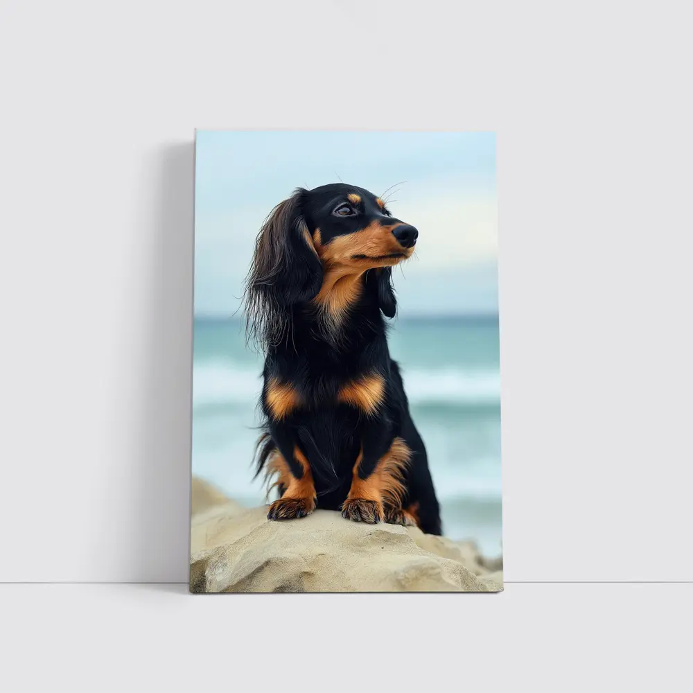 Long Haired Dachshund Sitting By Ocean – Wall Art