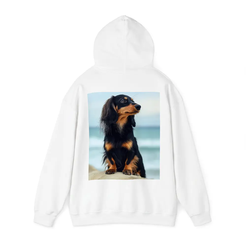 Long Haired Dachshund Sitting By Ocean – Hoodies
