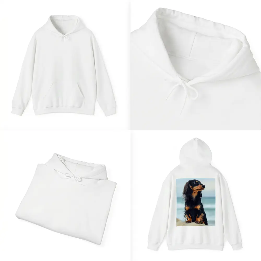 Long Haired Dachshund Sitting By Ocean – Hoodies