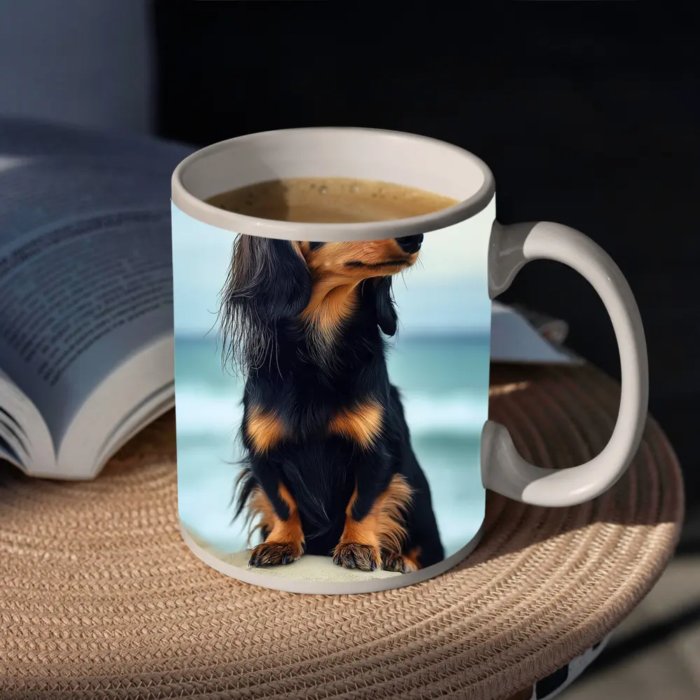 Long Haired Dachshund Sitting By Ocean – Mugs