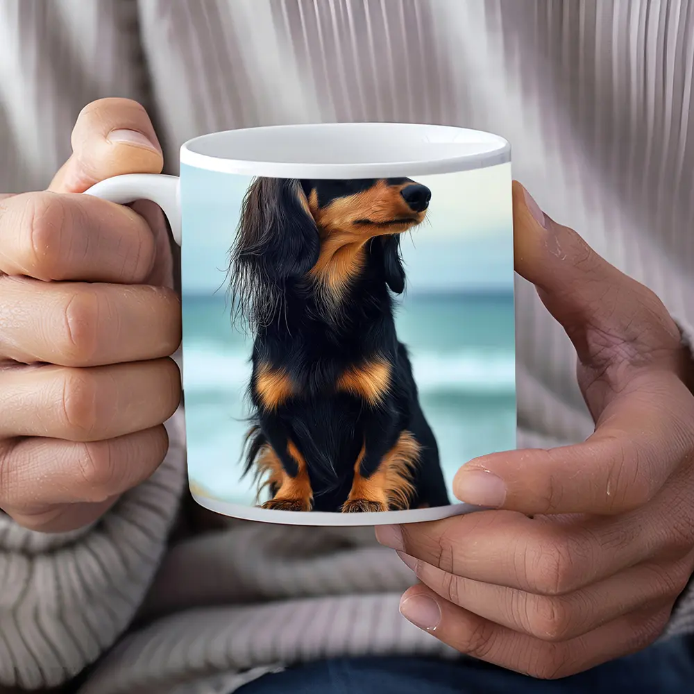 Long Haired Dachshund Sitting By Ocean – Mugs