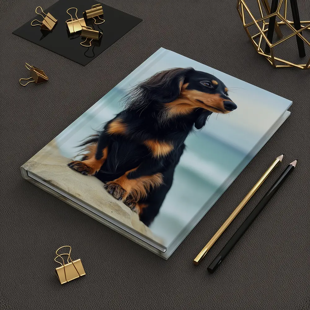 Long Haired Dachshund Sitting By Ocean – Notebooks