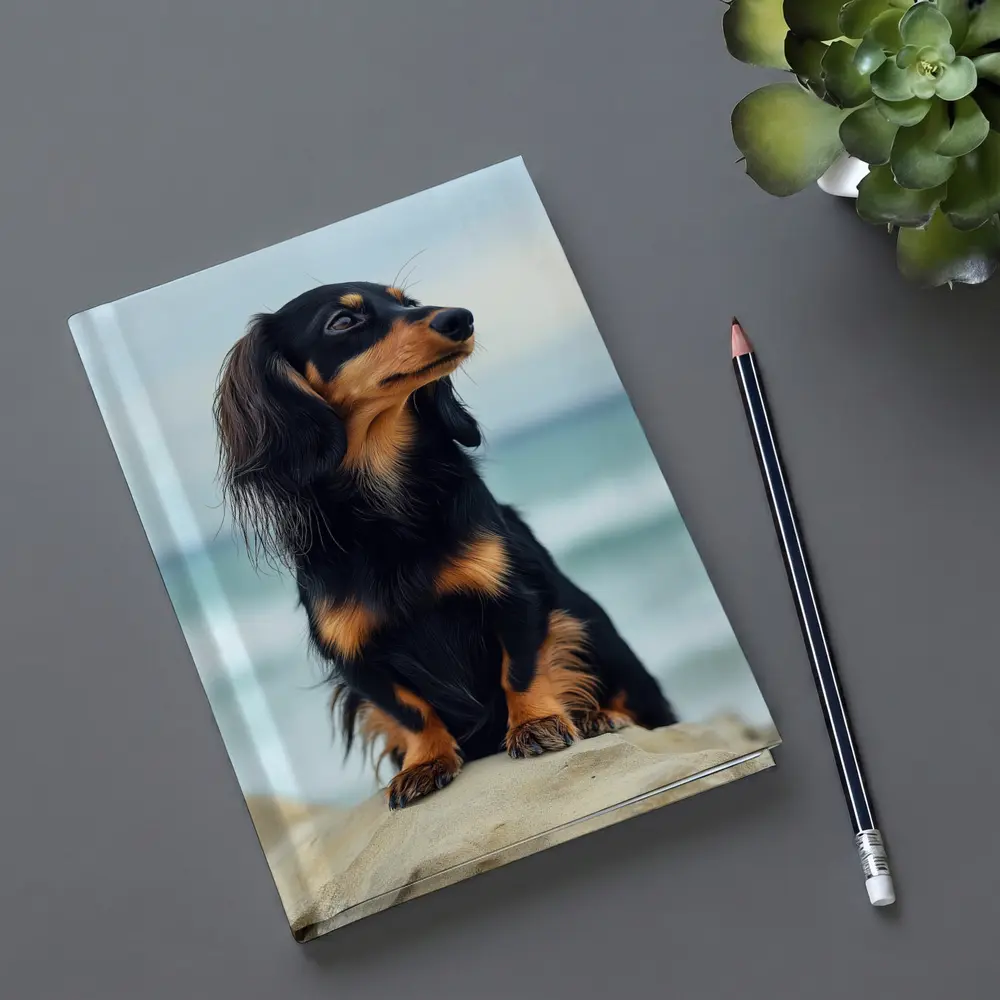 Long Haired Dachshund Sitting By Ocean – Notebooks
