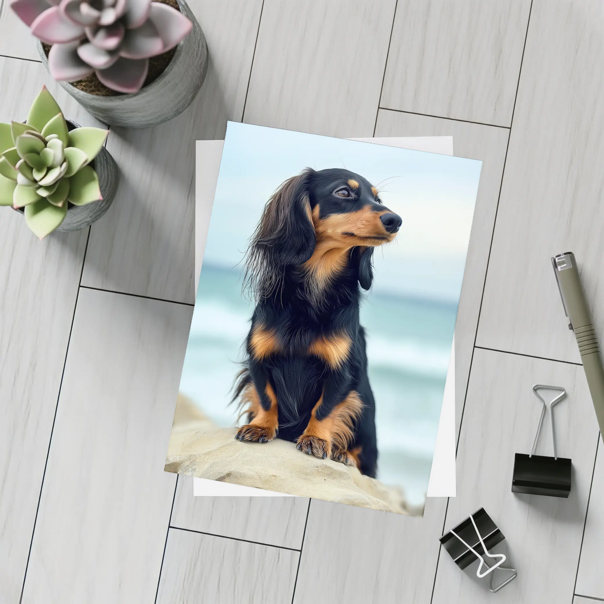 Long Haired Dachshund Sitting By Ocean – Postcards