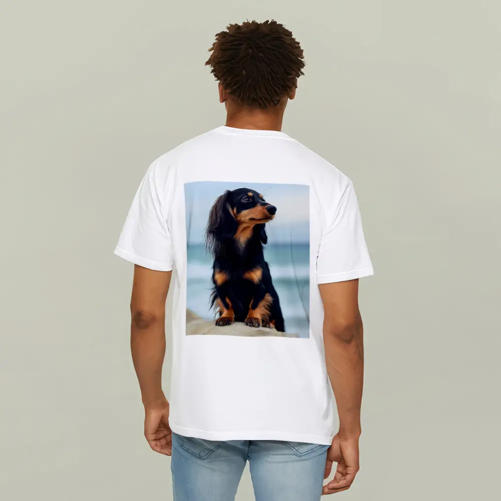 Long Haired Dachshund Sitting By Ocean – T-Shirts