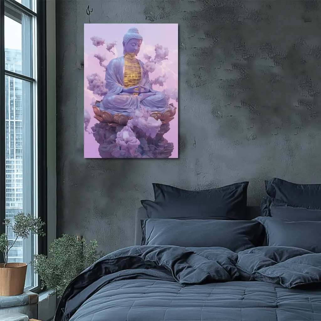 Buddha Statue Lotus Cloud Purple Sky – Wall Art