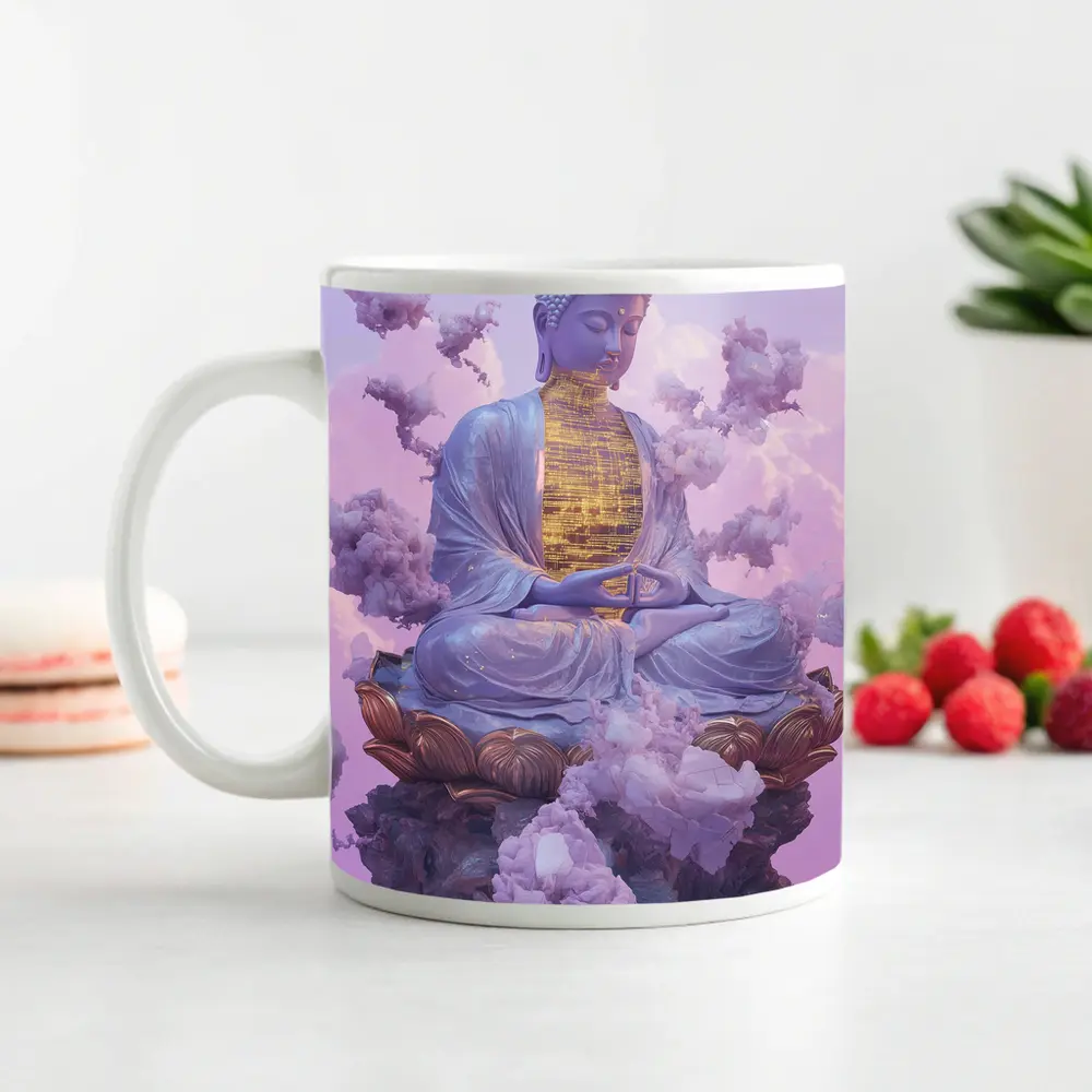Buddha Statue Lotus Cloud Purple Sky – Mugs