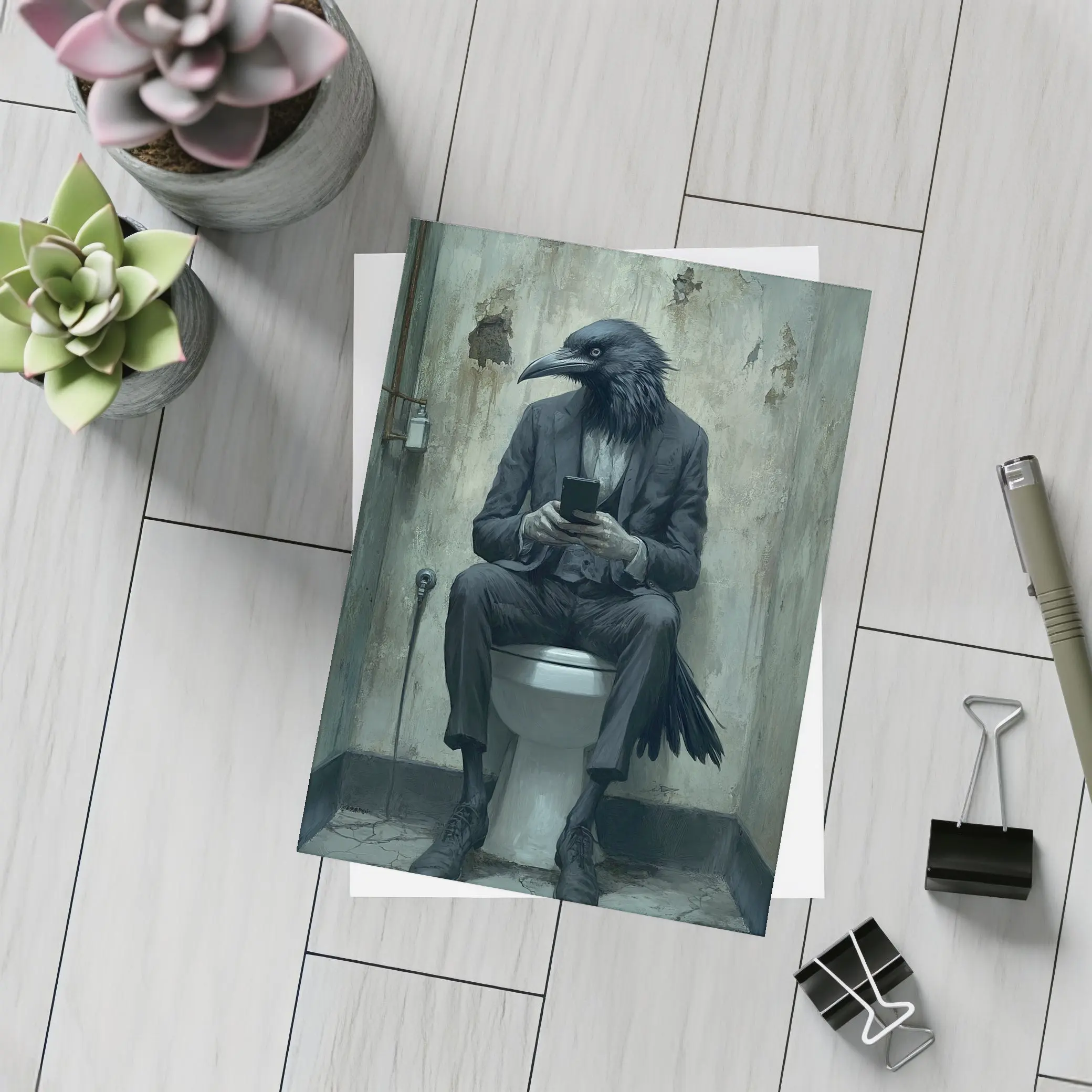 Crow In Suit On Toilet Dark Art – Postcards