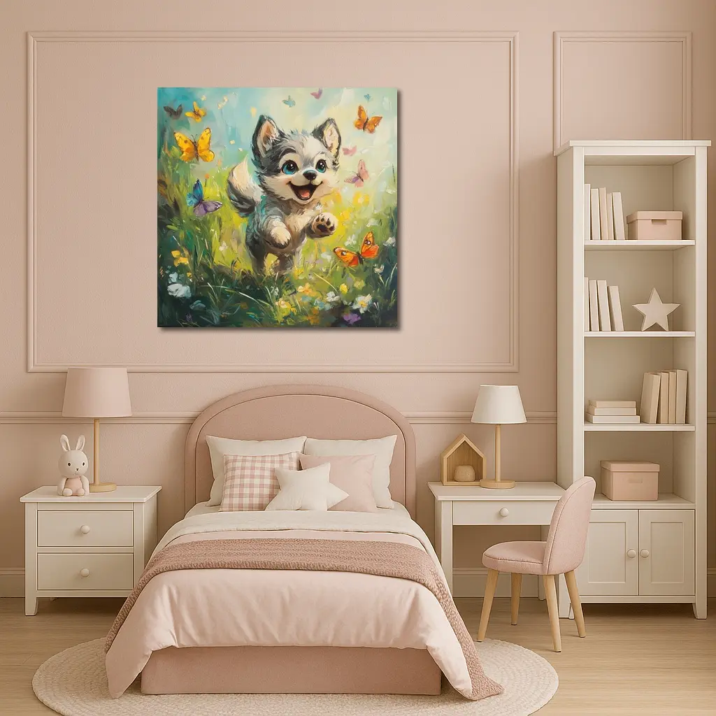 Happy Puppy Chasing Butterflies In Meadow – Wall Art