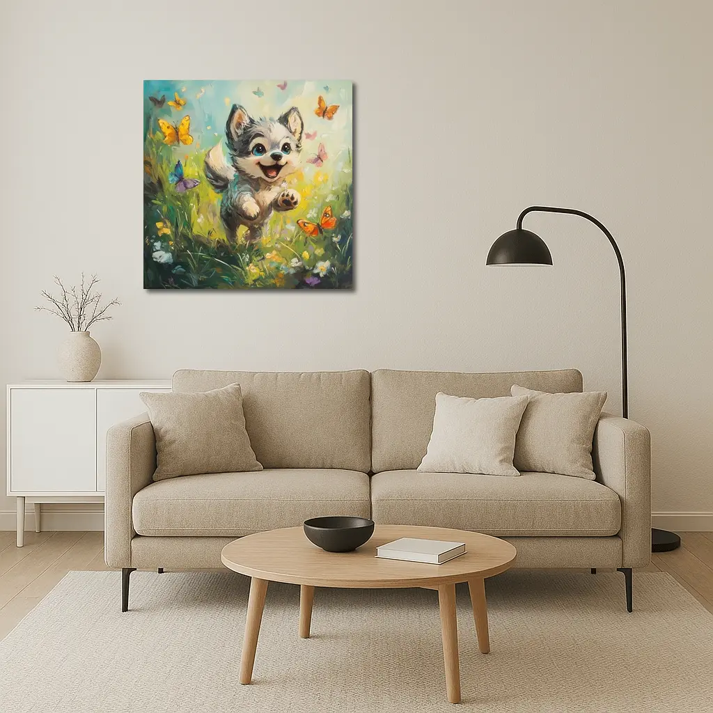 Happy Puppy Chasing Butterflies In Meadow – Wall Art