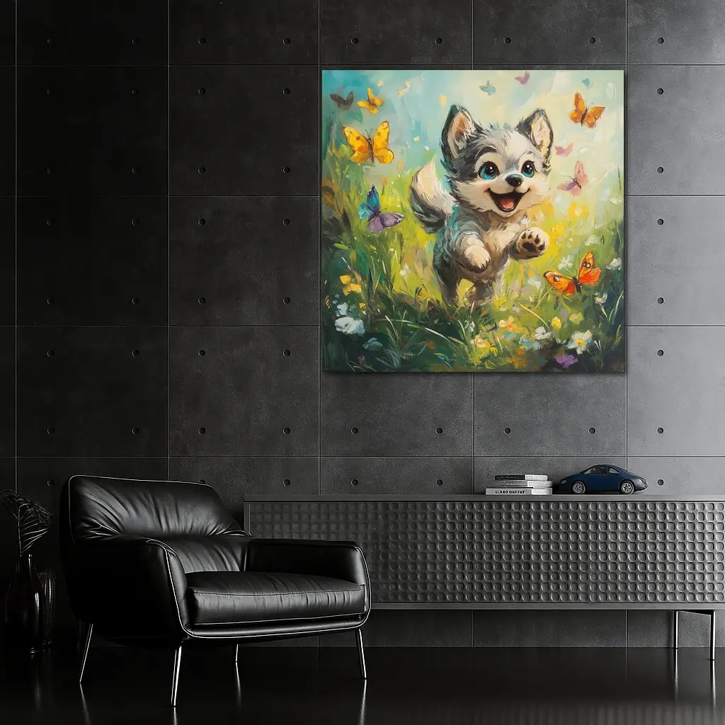 Happy Puppy Chasing Butterflies In Meadow – Wall Art