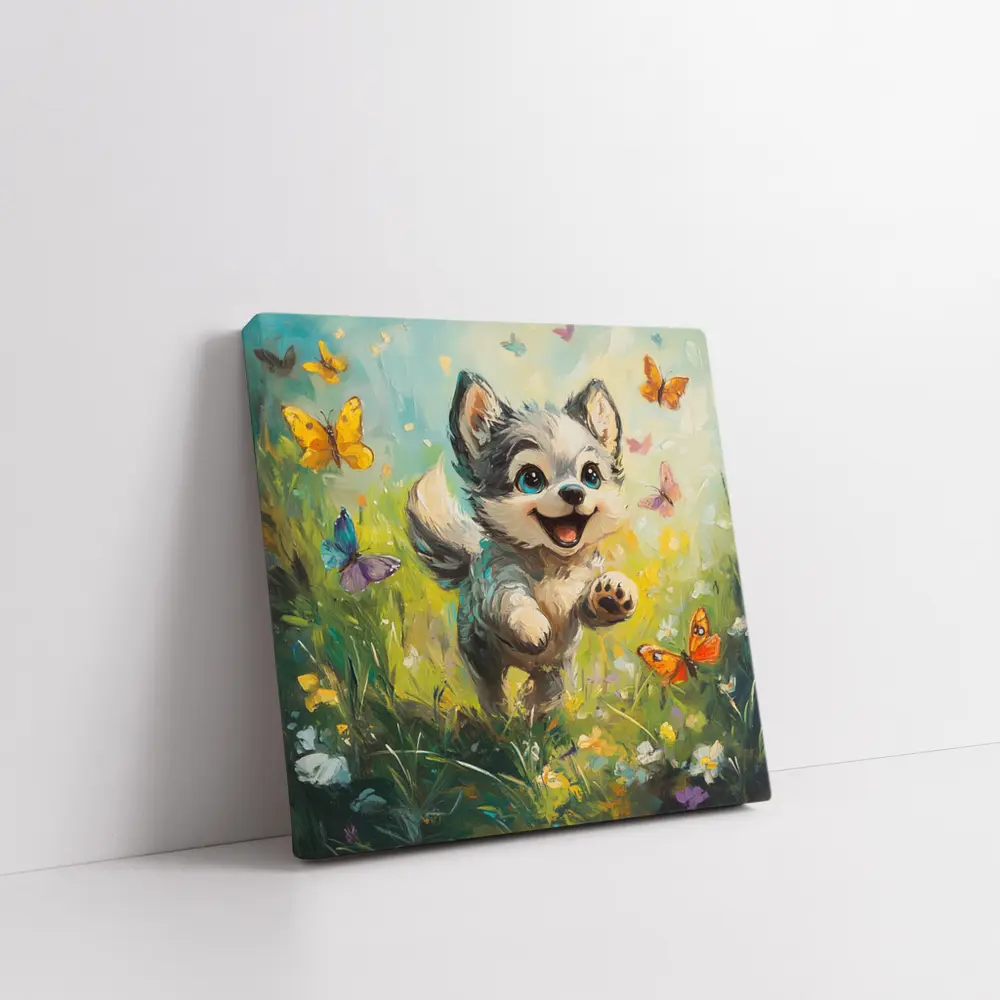 Happy Puppy Chasing Butterflies In Meadow – Wall Art