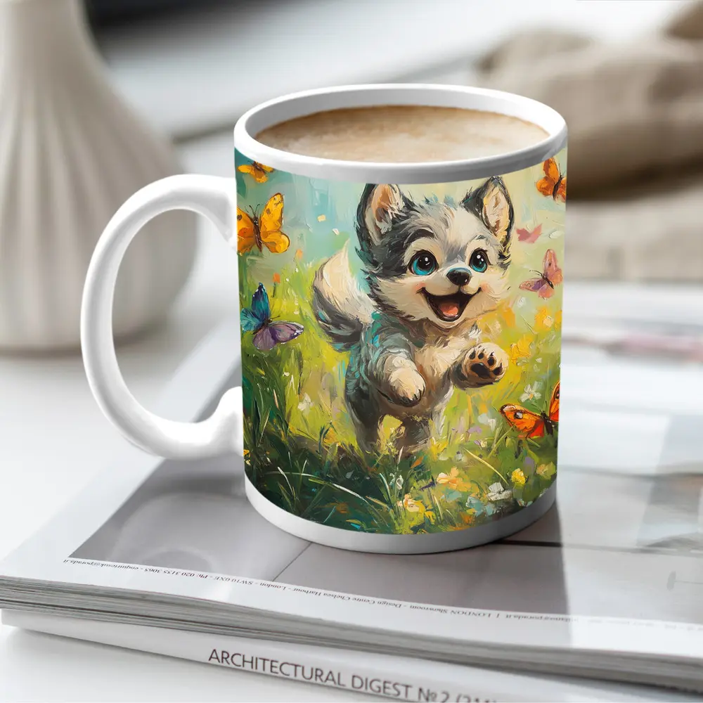 Happy Puppy Chasing Butterflies In Meadow – Mugs