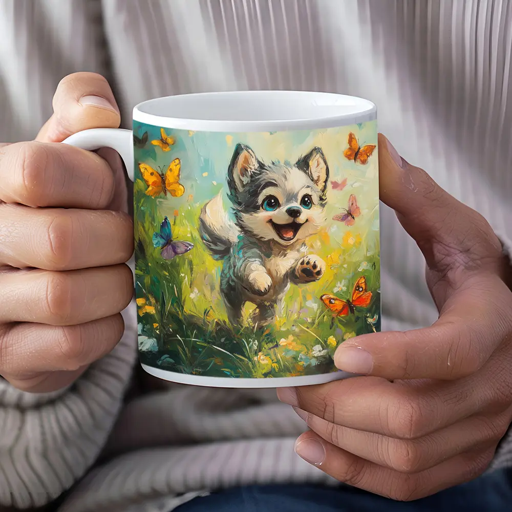 Happy Puppy Chasing Butterflies In Meadow – Mugs