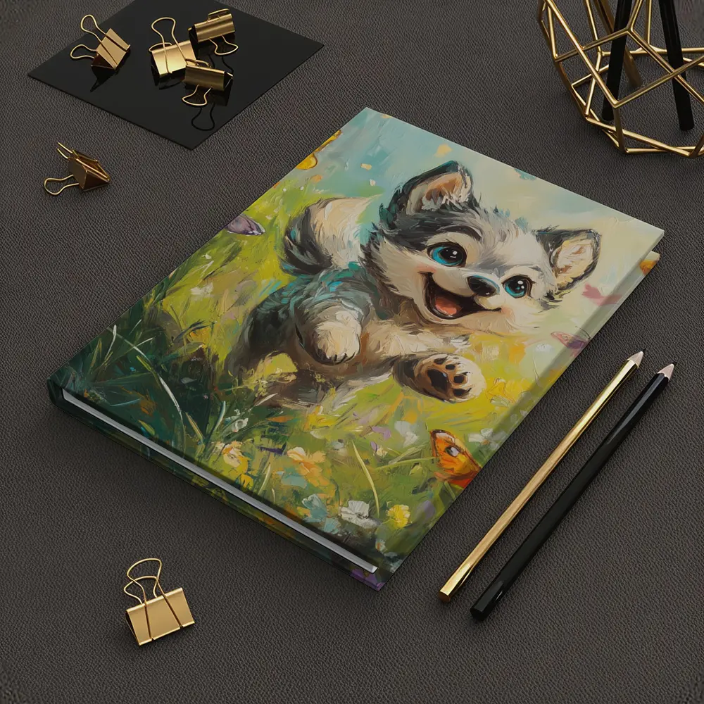 Happy Puppy Chasing Butterflies In Meadow – Notebooks