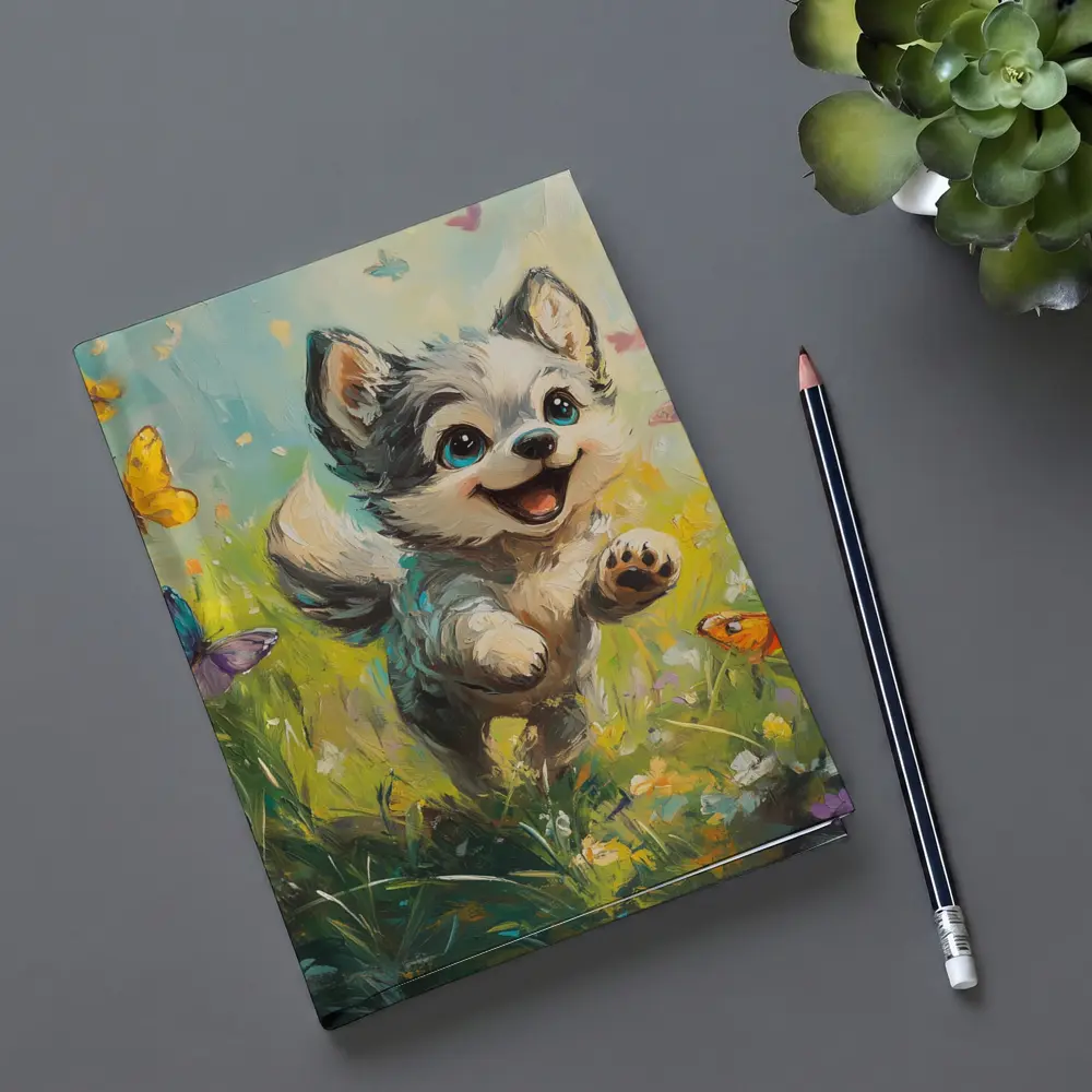 Happy Puppy Chasing Butterflies In Meadow – Notebooks