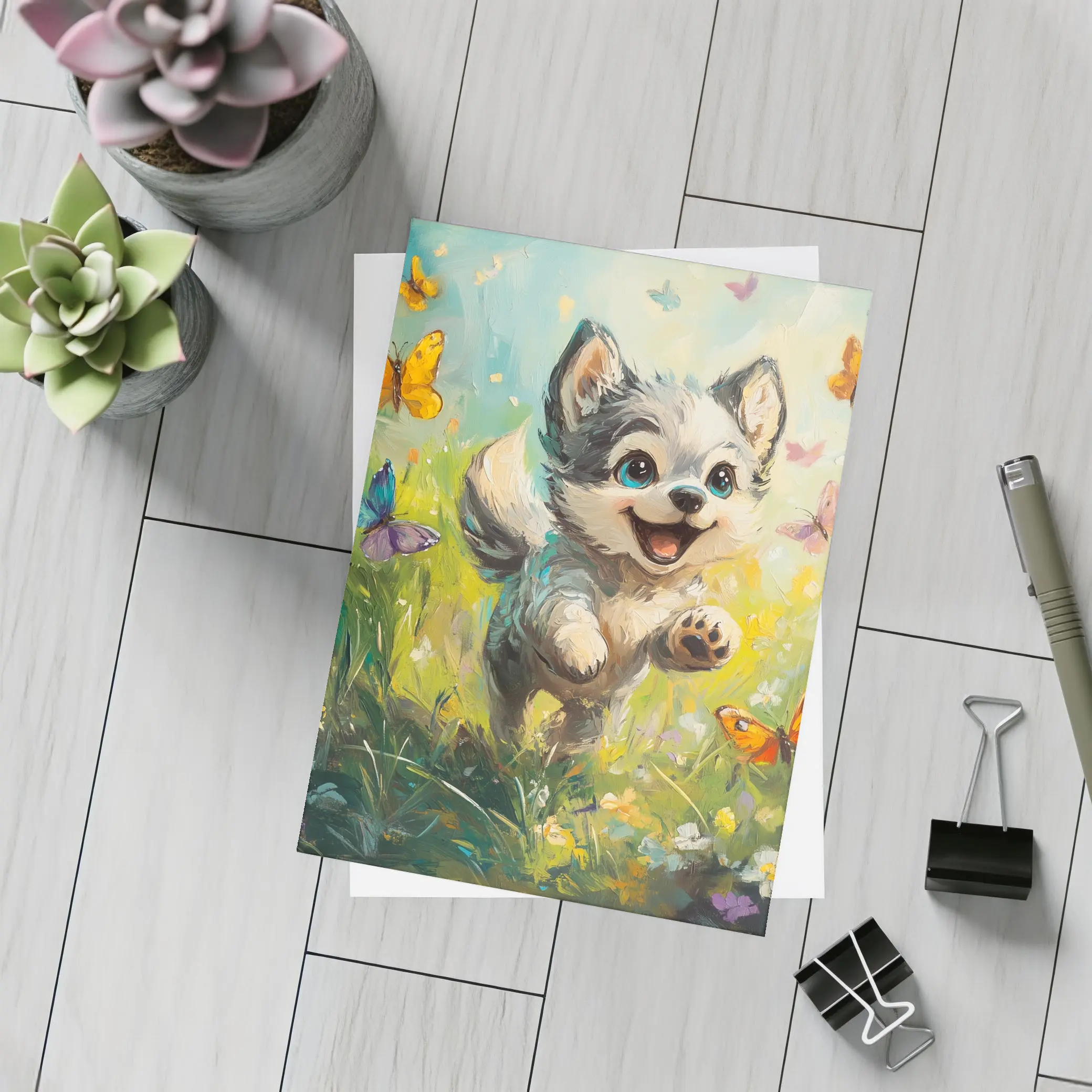 Happy Puppy Chasing Butterflies In Meadow – Postcards