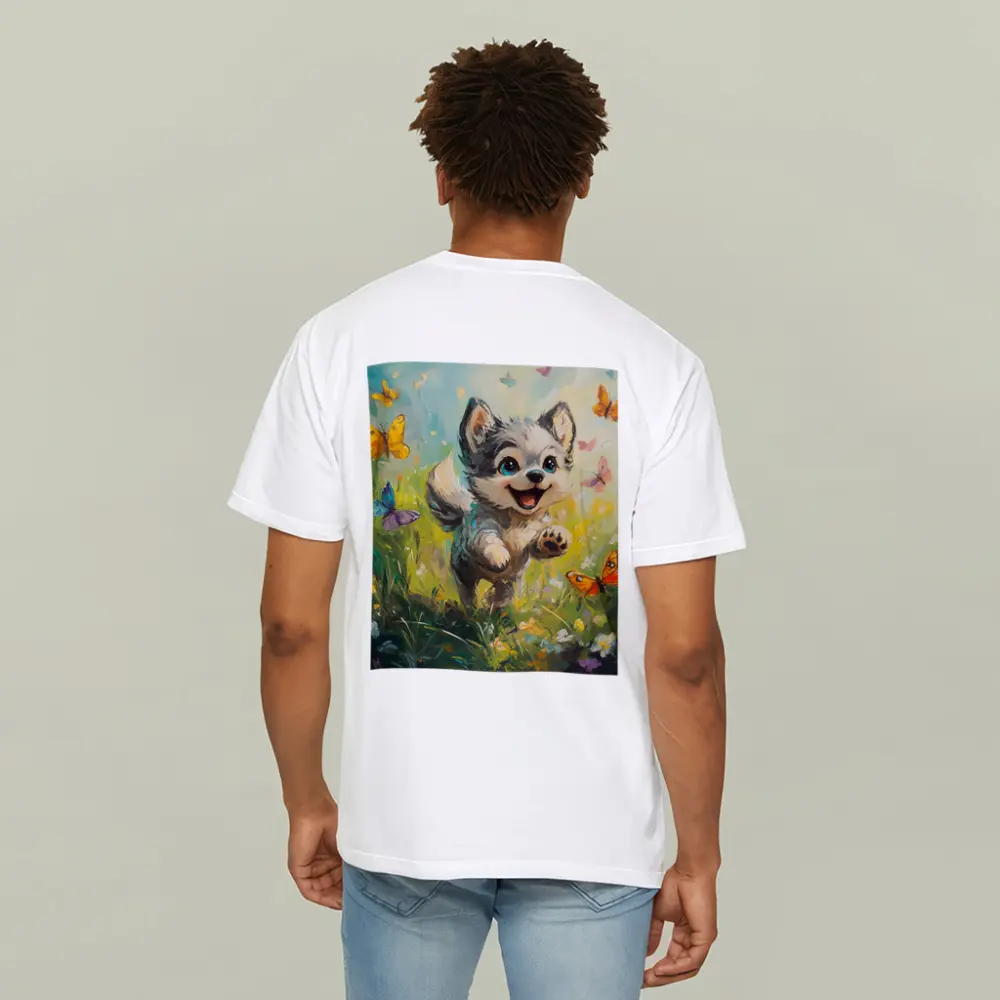 Happy Puppy Chasing Butterflies In Meadow – T-Shirts