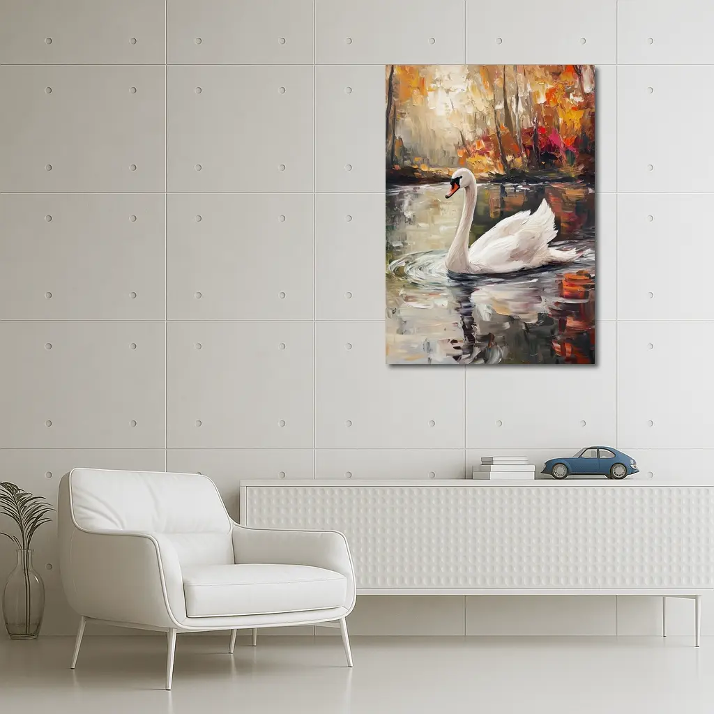 White Swan Oil Painting Autumn Lake – Wall Art
