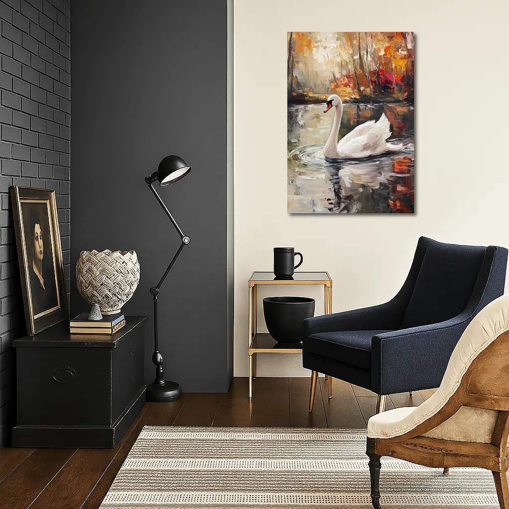 White Swan Oil Painting Autumn Lake – Wall Art