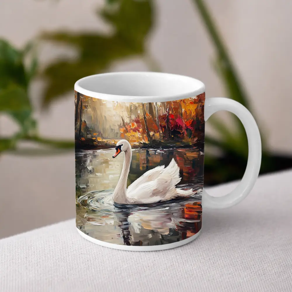 White Swan Oil Painting Autumn Lake – Mugs