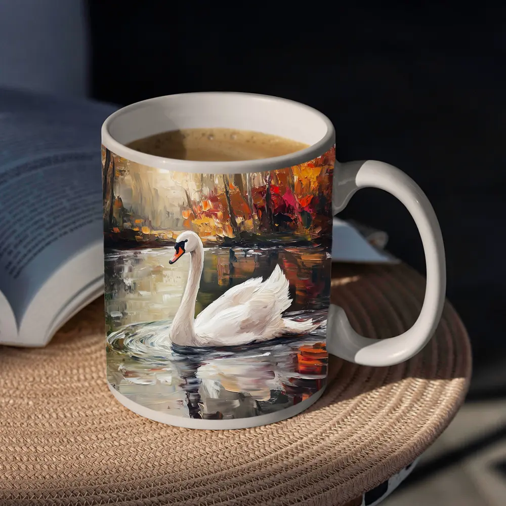 White Swan Oil Painting Autumn Lake – Mugs