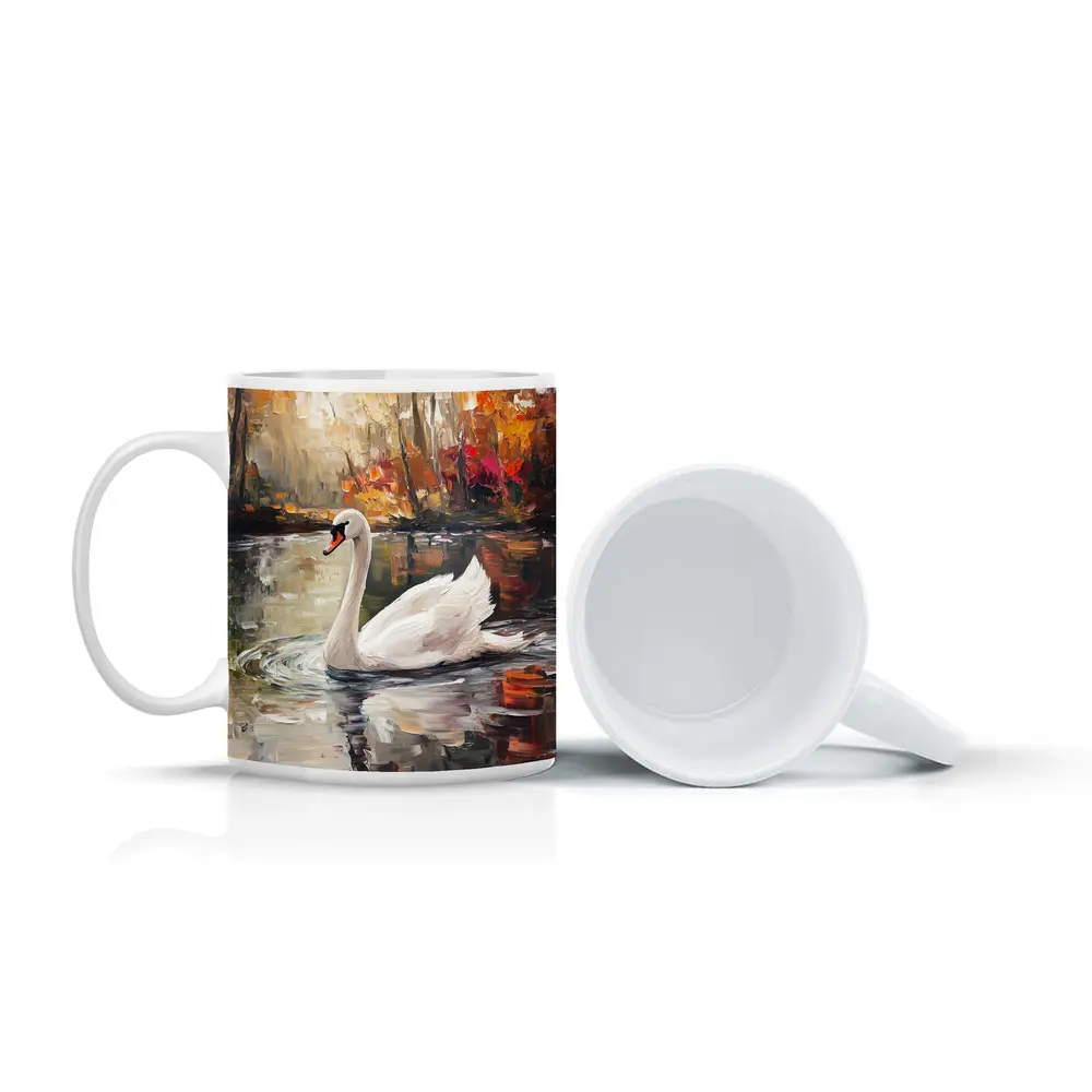 White Swan Oil Painting Autumn Lake – Mugs