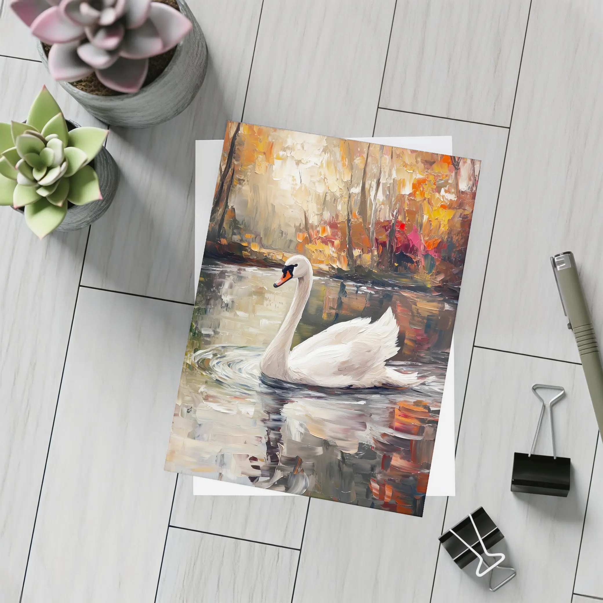 White Swan Oil Painting Autumn Lake – Postcards