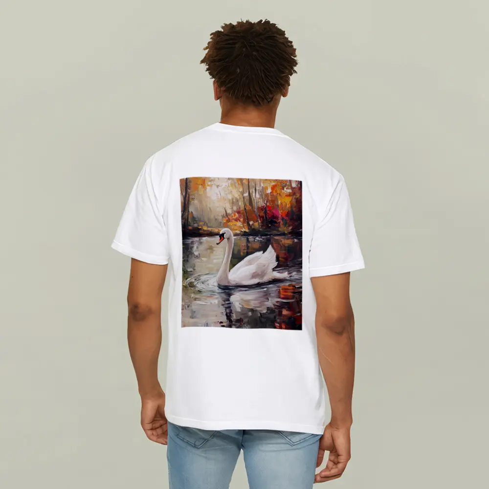 White Swan Oil Painting Autumn Lake – T-Shirts