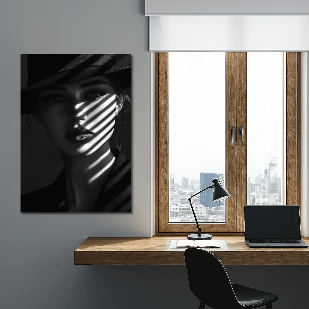 Woman in Black Hat Shadow Light Portrait – Wall Art