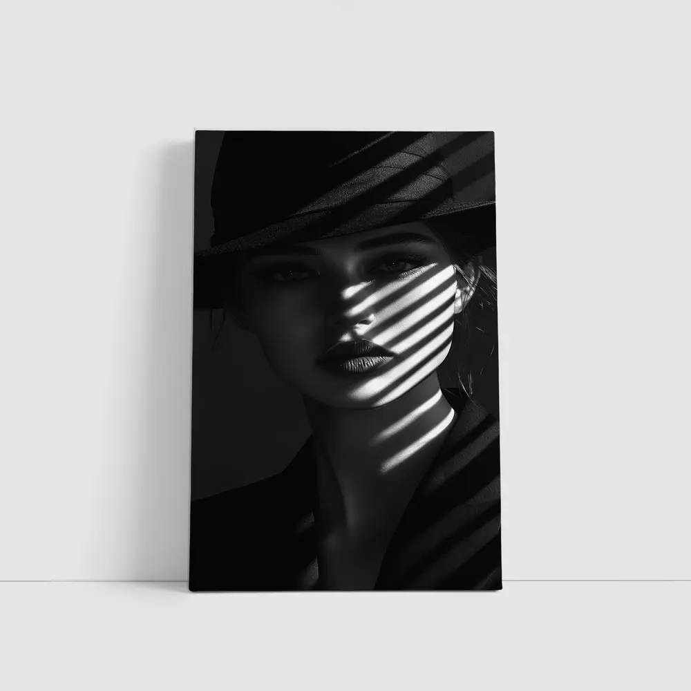 Woman in Black Hat Shadow Light Portrait – Wall Art