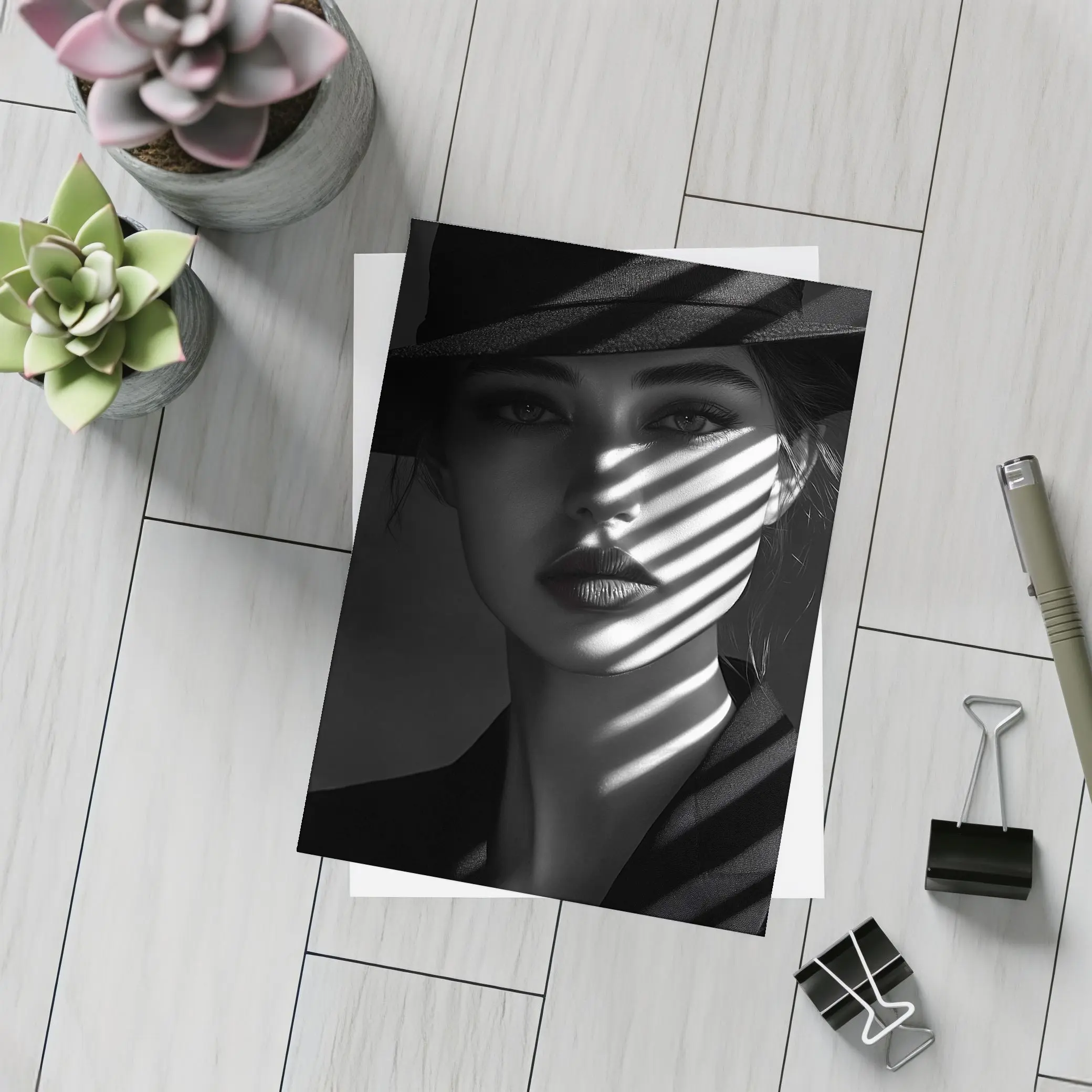 Woman in Black Hat Shadow Light Portrait – Postcards