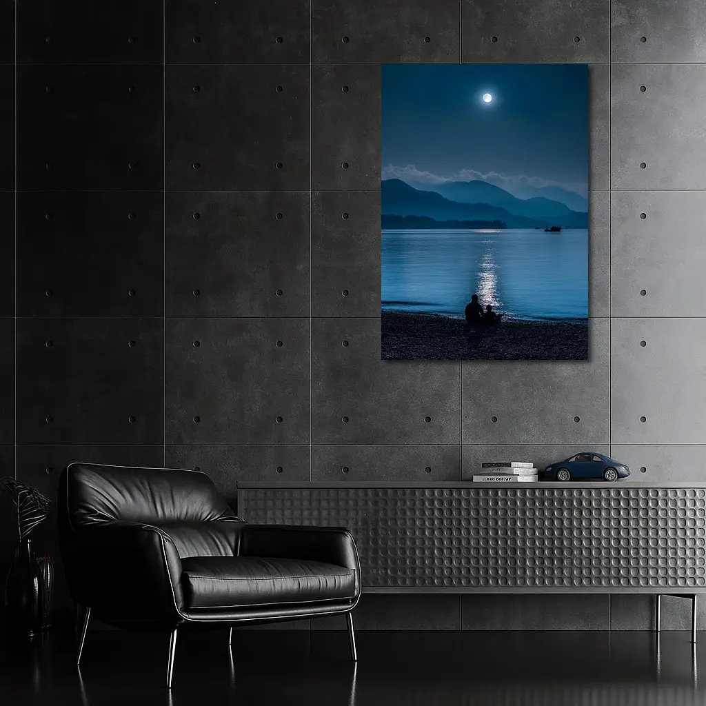Moonlit Lake Shore Silhouette Mountain Night – Wall Art