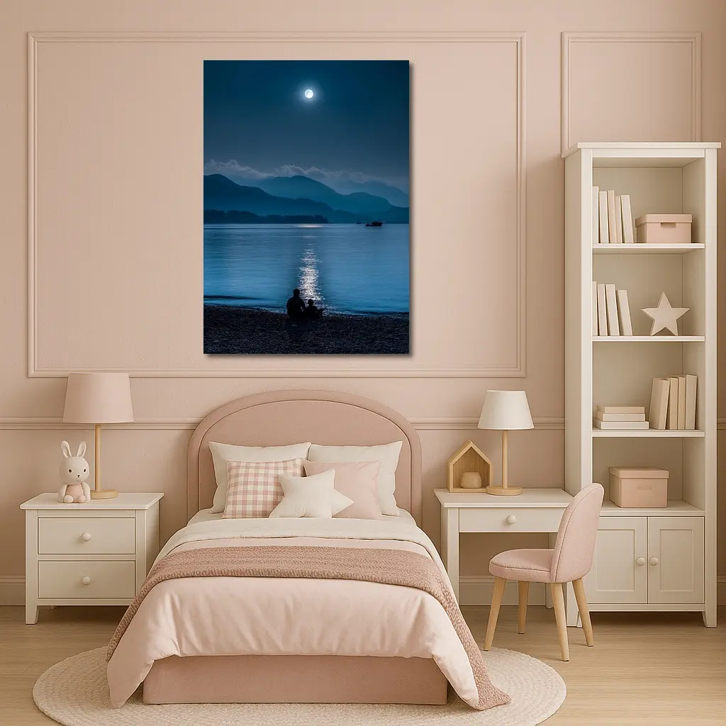 Moonlit Lake Shore Silhouette Mountain Night – Wall Art