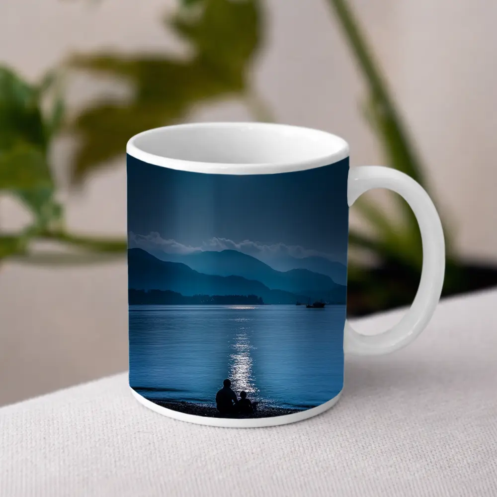 Moonlit Lake Shore Silhouette Mountain Night – Mugs