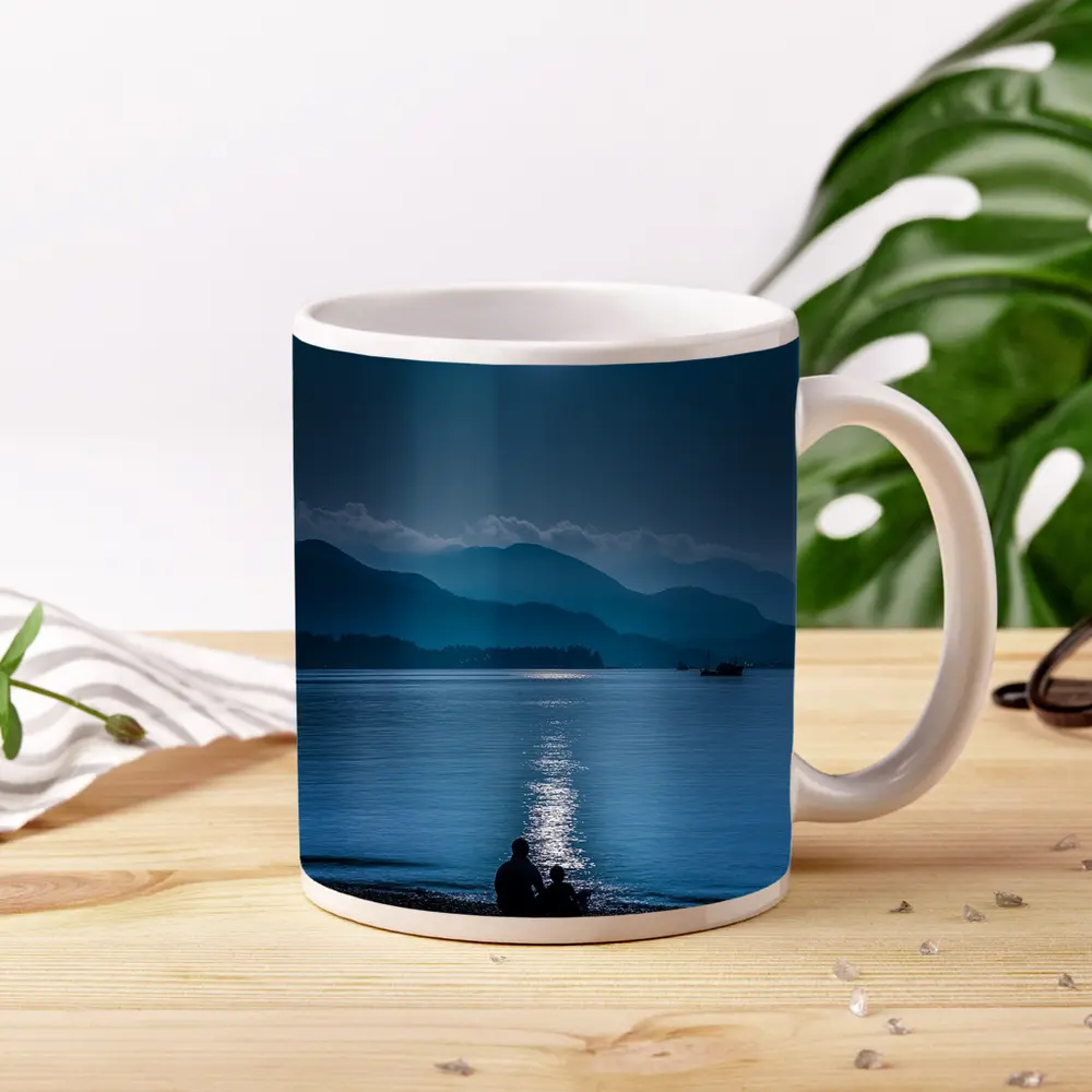 Moonlit Lake Shore Silhouette Mountain Night – Mugs