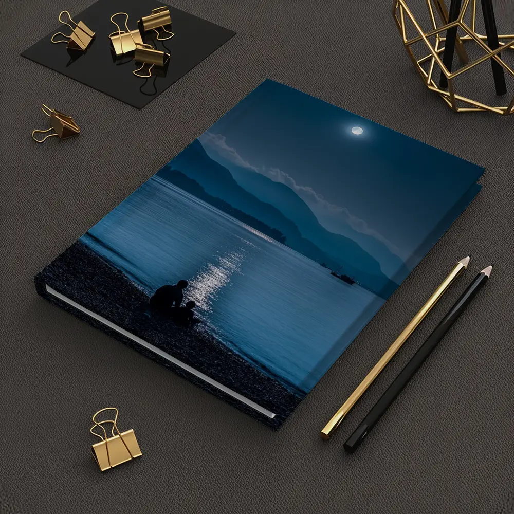Moonlit Lake Shore Silhouette Mountain Night – Notebooks