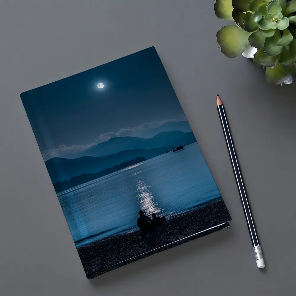 Moonlit Lake Shore Silhouette Mountain Night – Notebooks