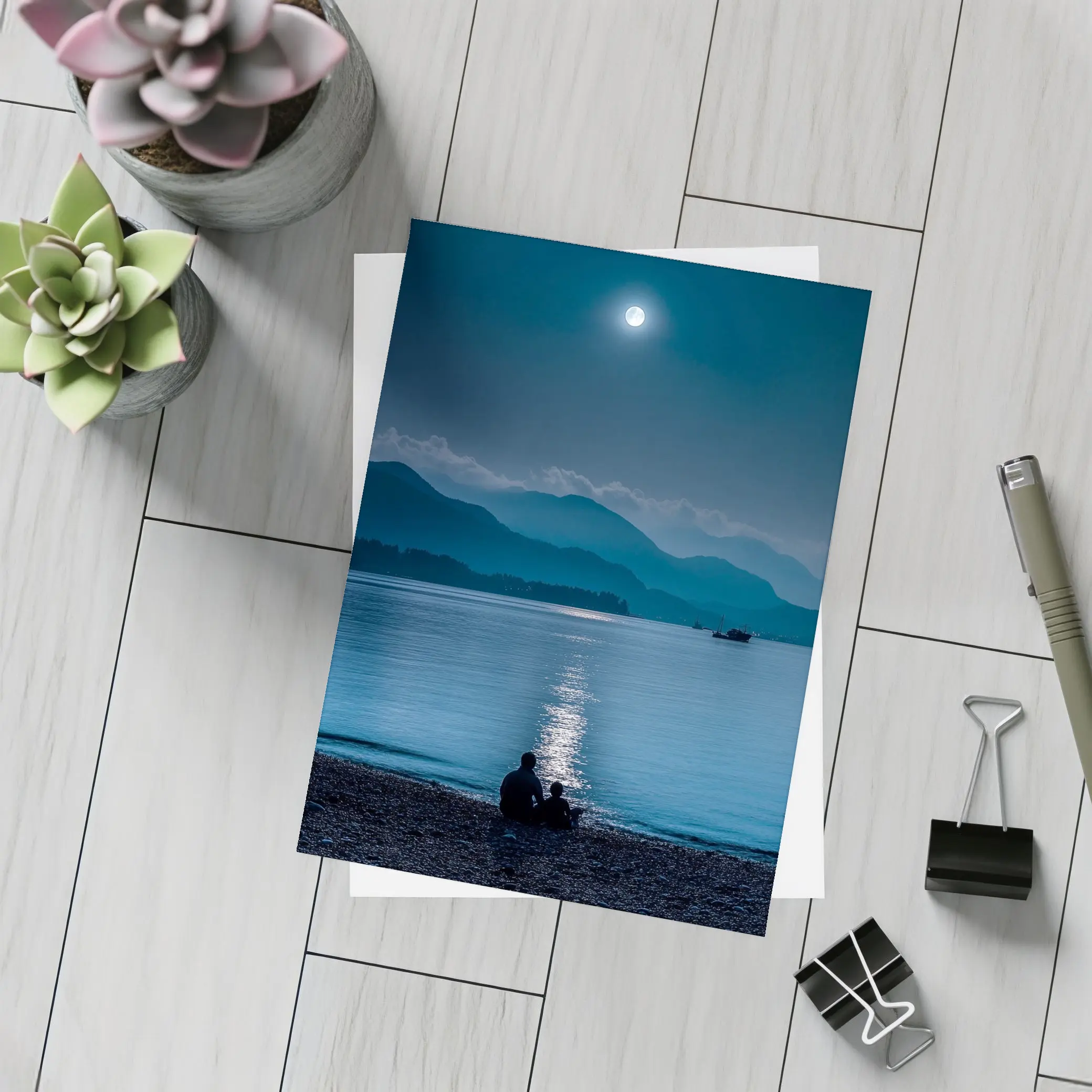 Moonlit Lake Shore Silhouette Mountain Night – Postcards