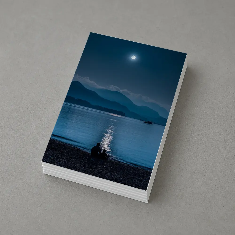Moonlit Lake Shore Silhouette Mountain Night – Postcards
