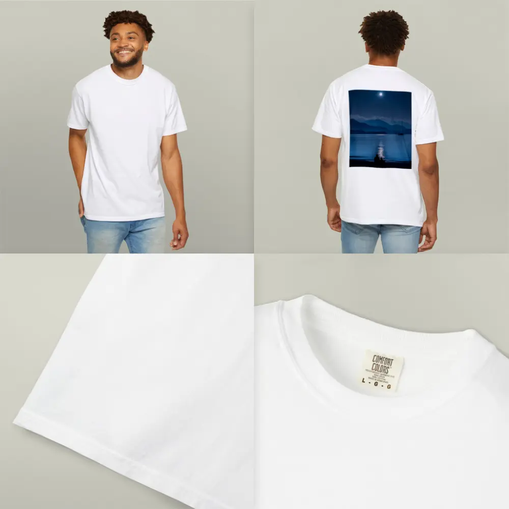 Moonlit Lake Shore Silhouette Mountain Night – T-Shirts