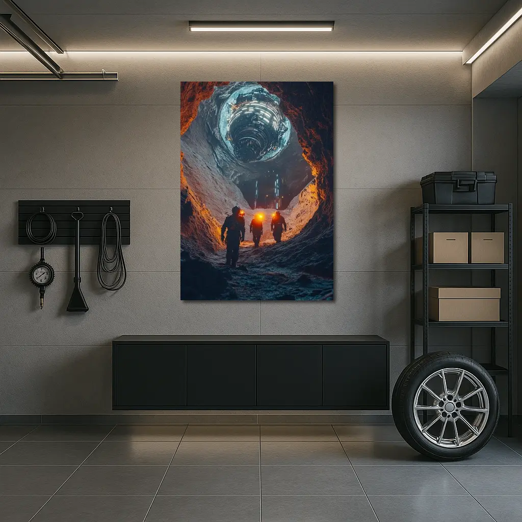 Astronauts Walking Through Glowing Sci Fi Cave – Wall Art