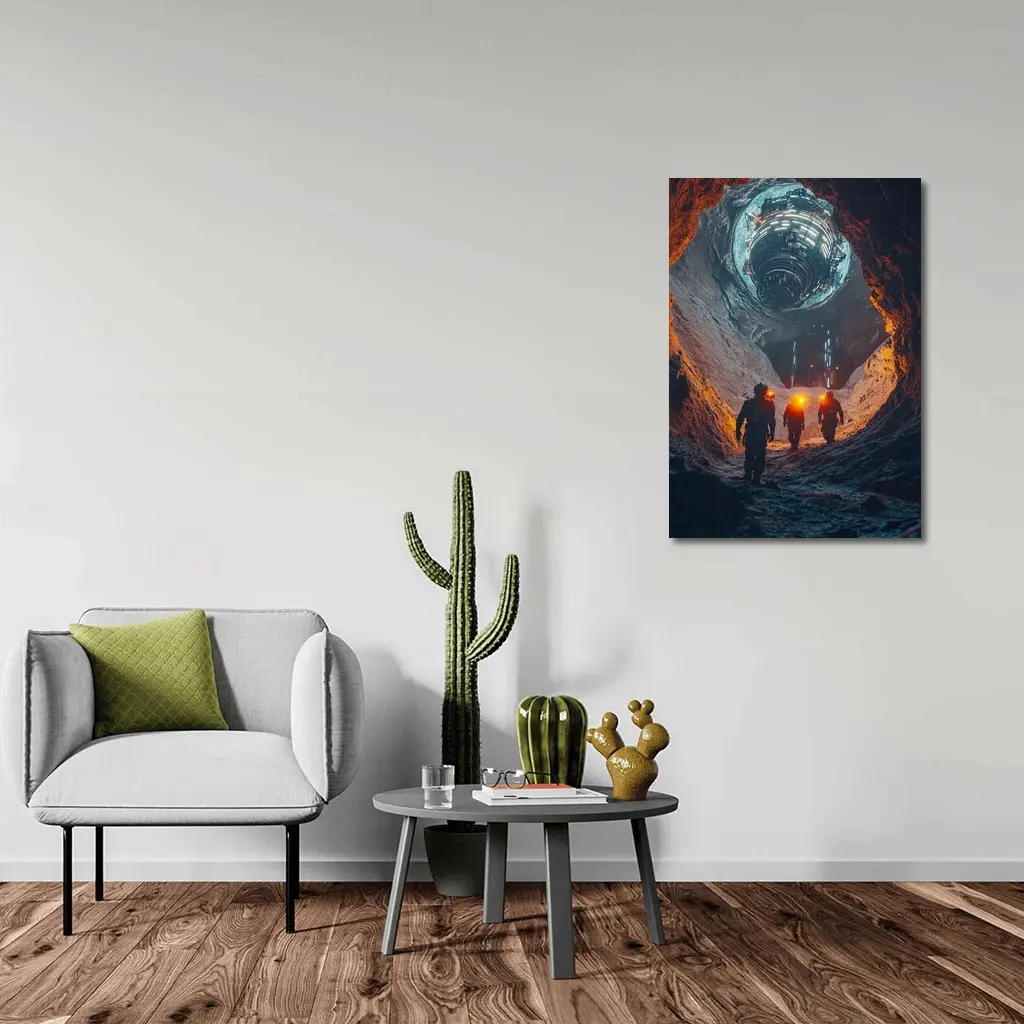 Astronauts Walking Through Glowing Sci Fi Cave – Wall Art