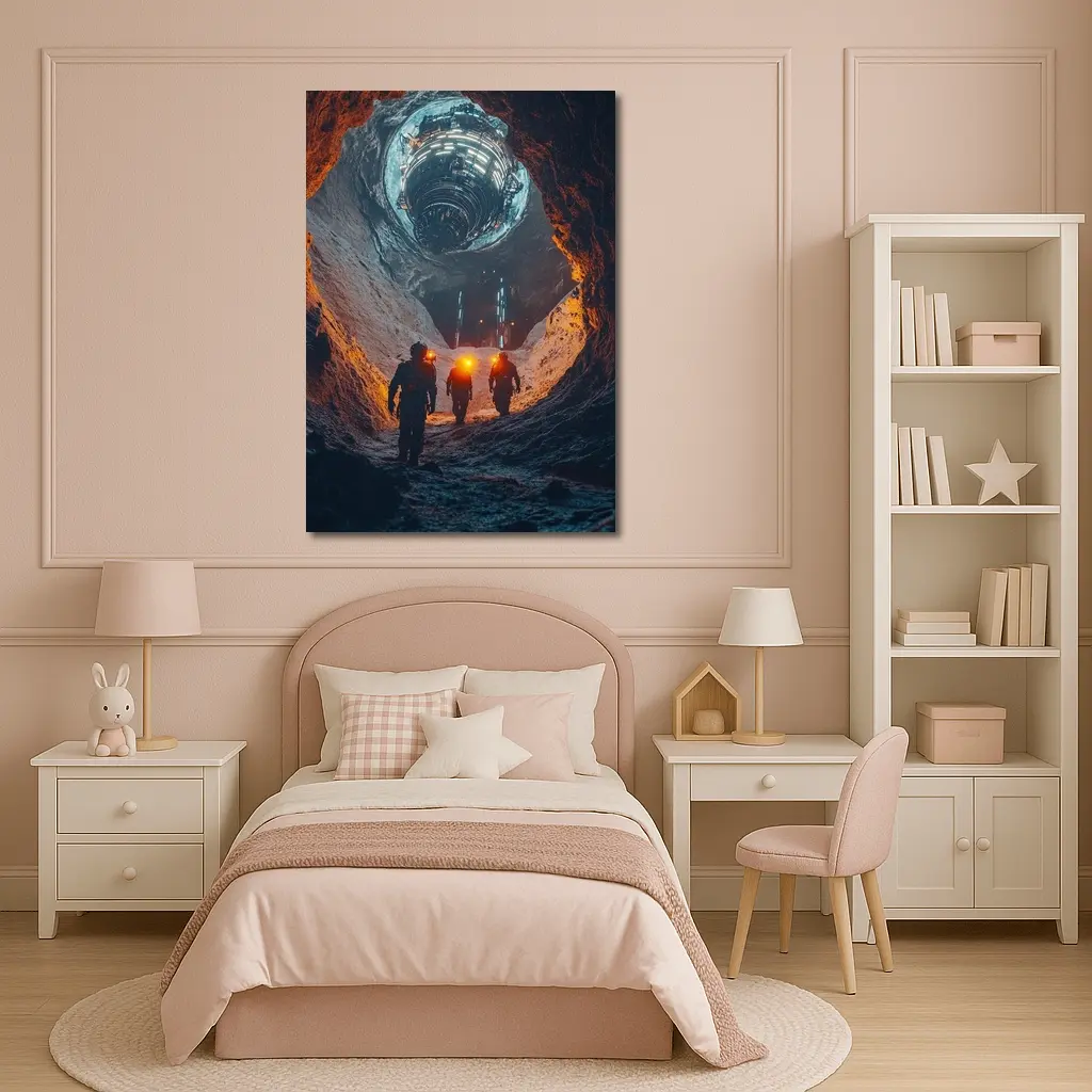 Astronauts Walking Through Glowing Sci Fi Cave – Wall Art