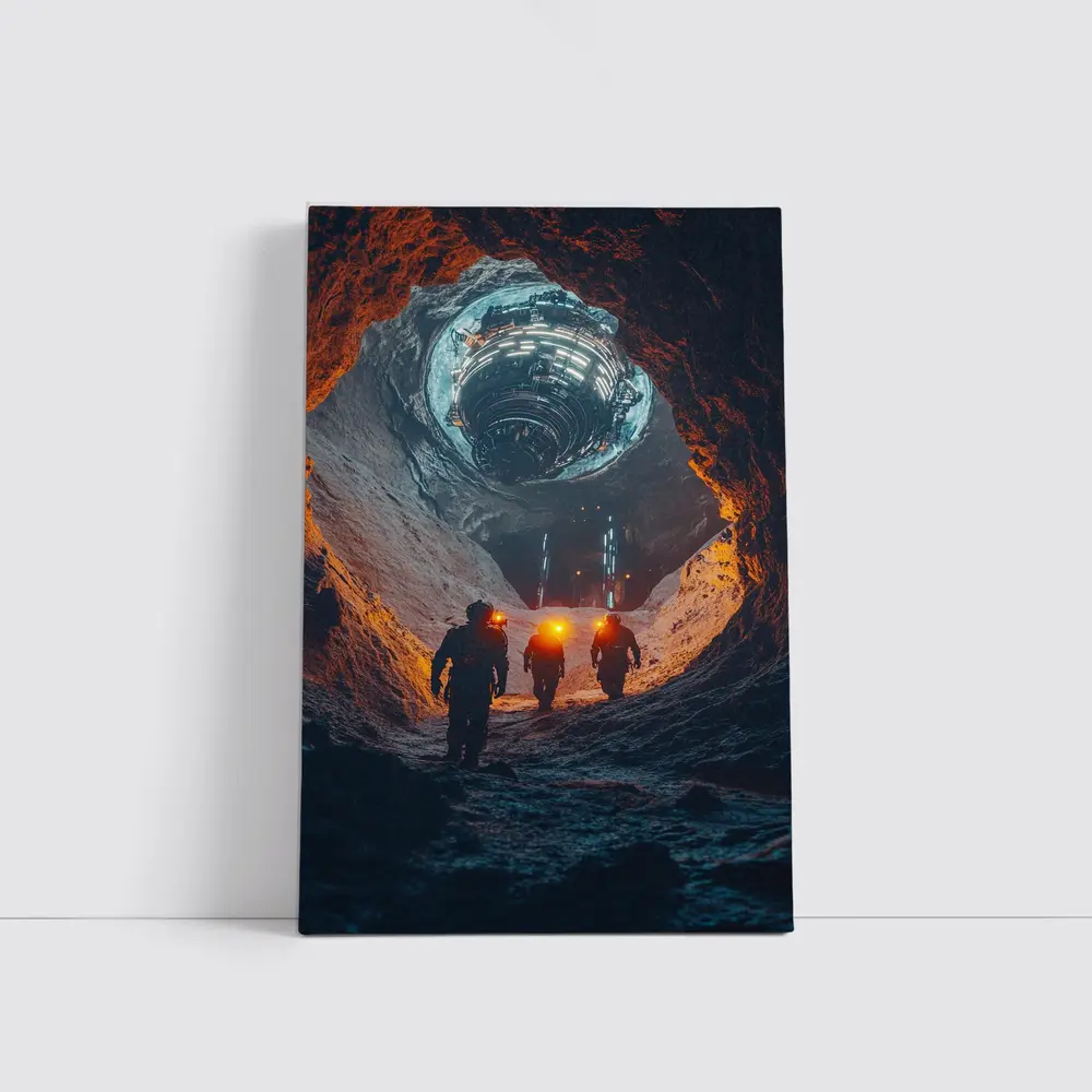 Astronauts Walking Through Glowing Sci Fi Cave – Wall Art