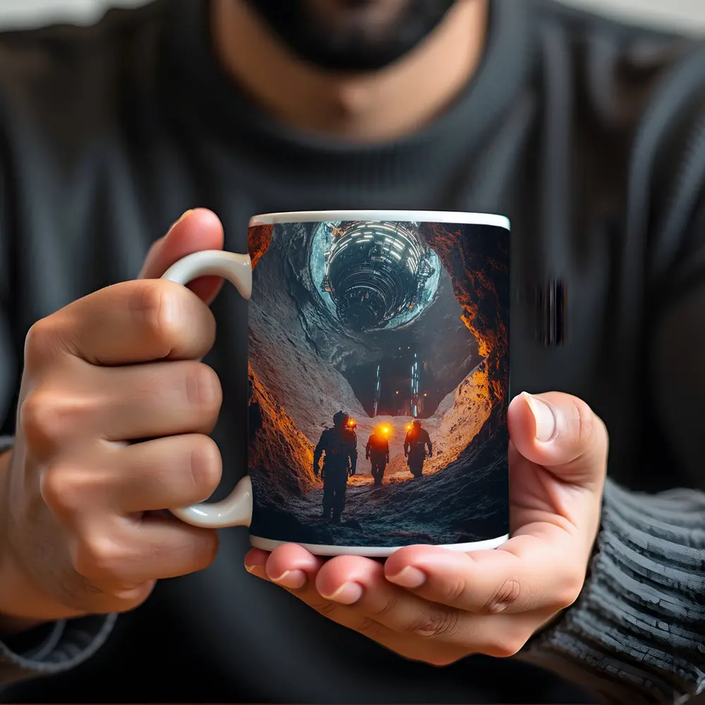 Astronauts Walking Through Glowing Sci Fi Cave – Mugs