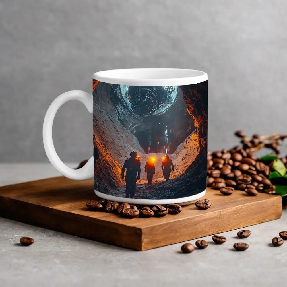 Astronauts Walking Through Glowing Sci Fi Cave – Mugs