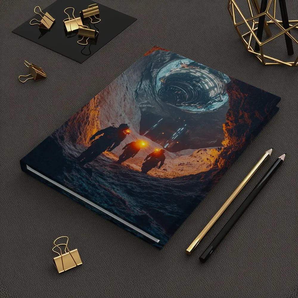 Astronauts Walking Through Glowing Sci Fi Cave – Notebooks