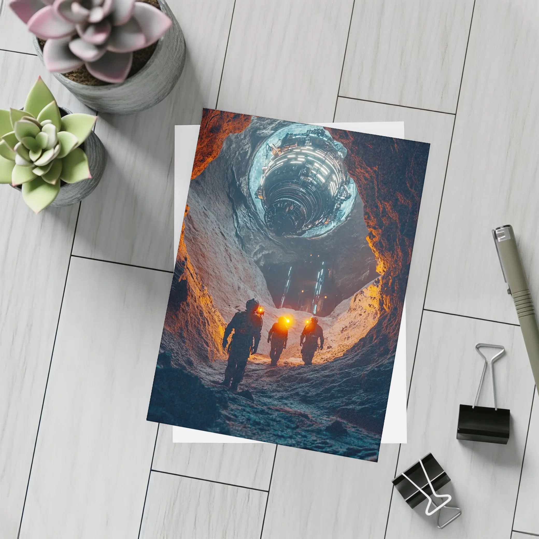 Astronauts Walking Through Glowing Sci Fi Cave – Postcards
